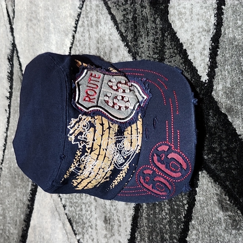 ROUTE 66 NAVY BLUE EMBROIDERED RHINESTONES DISTRESSED CAP HAT